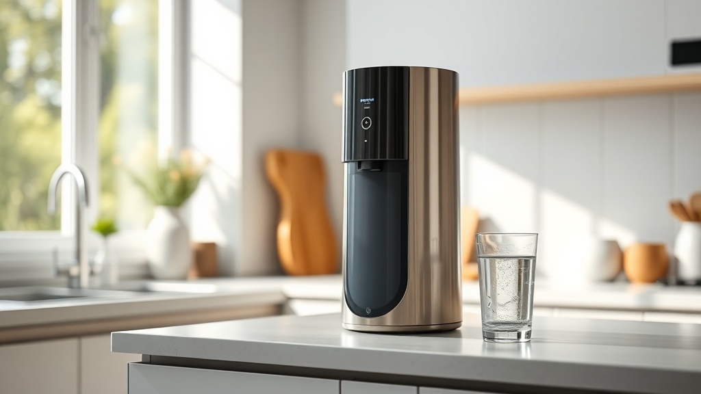 주방에 설치된 정수기와 깨끗한 물 한 잔이 놓여 있는 일상적인 주방 풍경