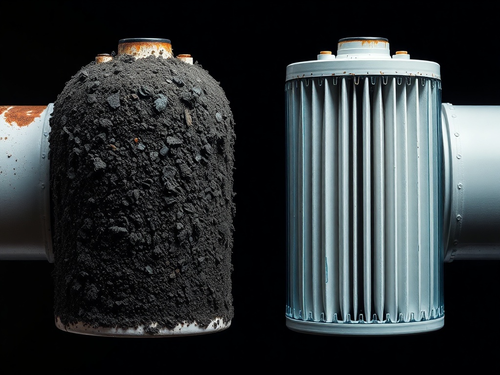 오염된 세디먼트 필터와 새 필터의 색상 비교 사진