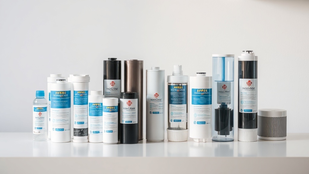 다양한 종류의 정수기 필터들이 테이블 위에 나란히 놓여 있는 모습