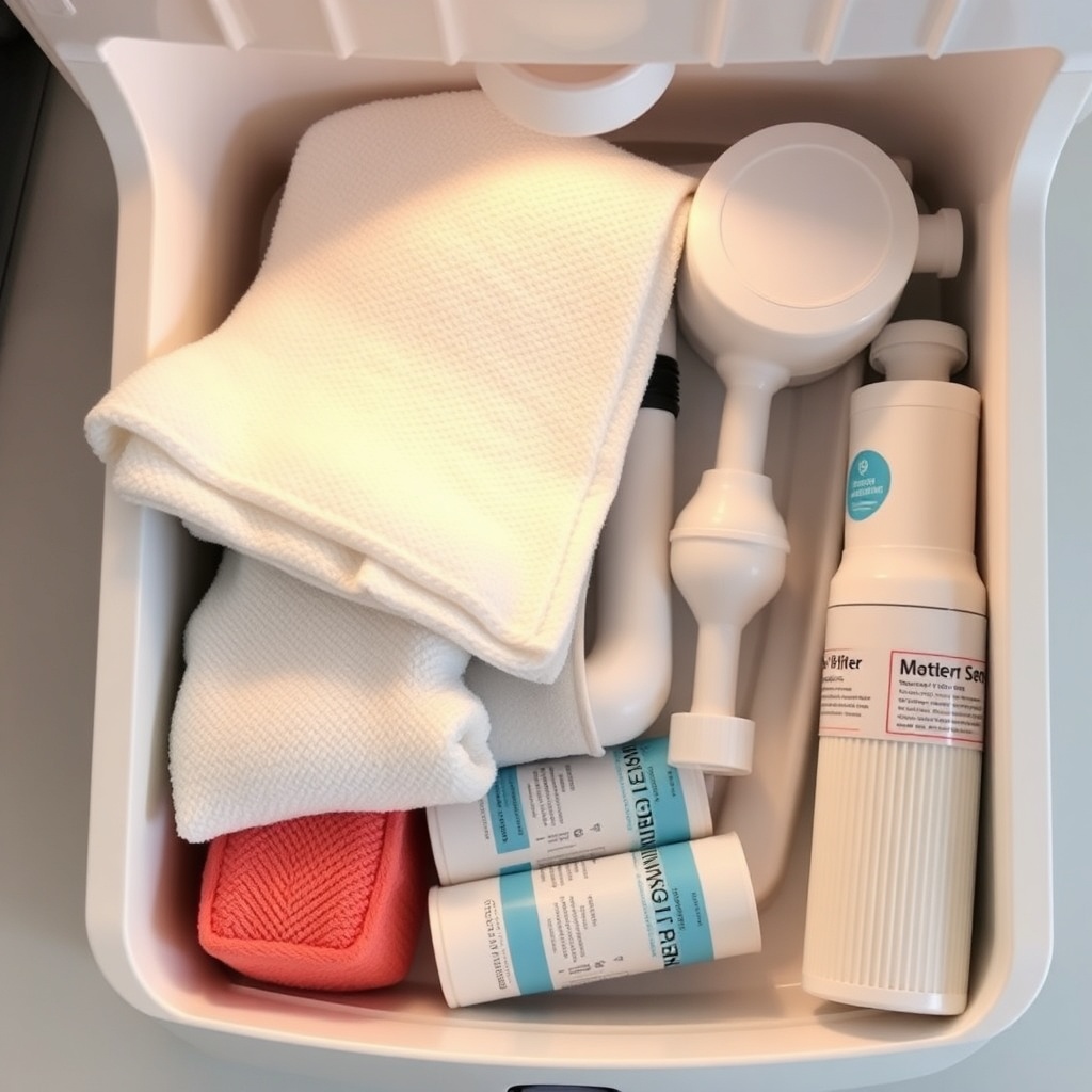 정수기 유지관리에 필요한 깨끗한 행주, 세정 도구, 그리고 새 필터가 정돈되어 있는 모습